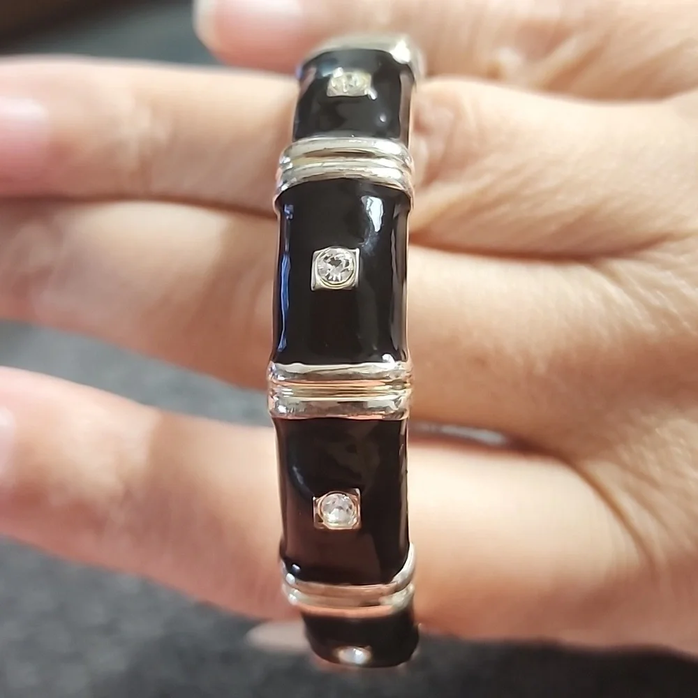 Black Enamel and Two-Tone Bangle Bracelet with Rhinestones